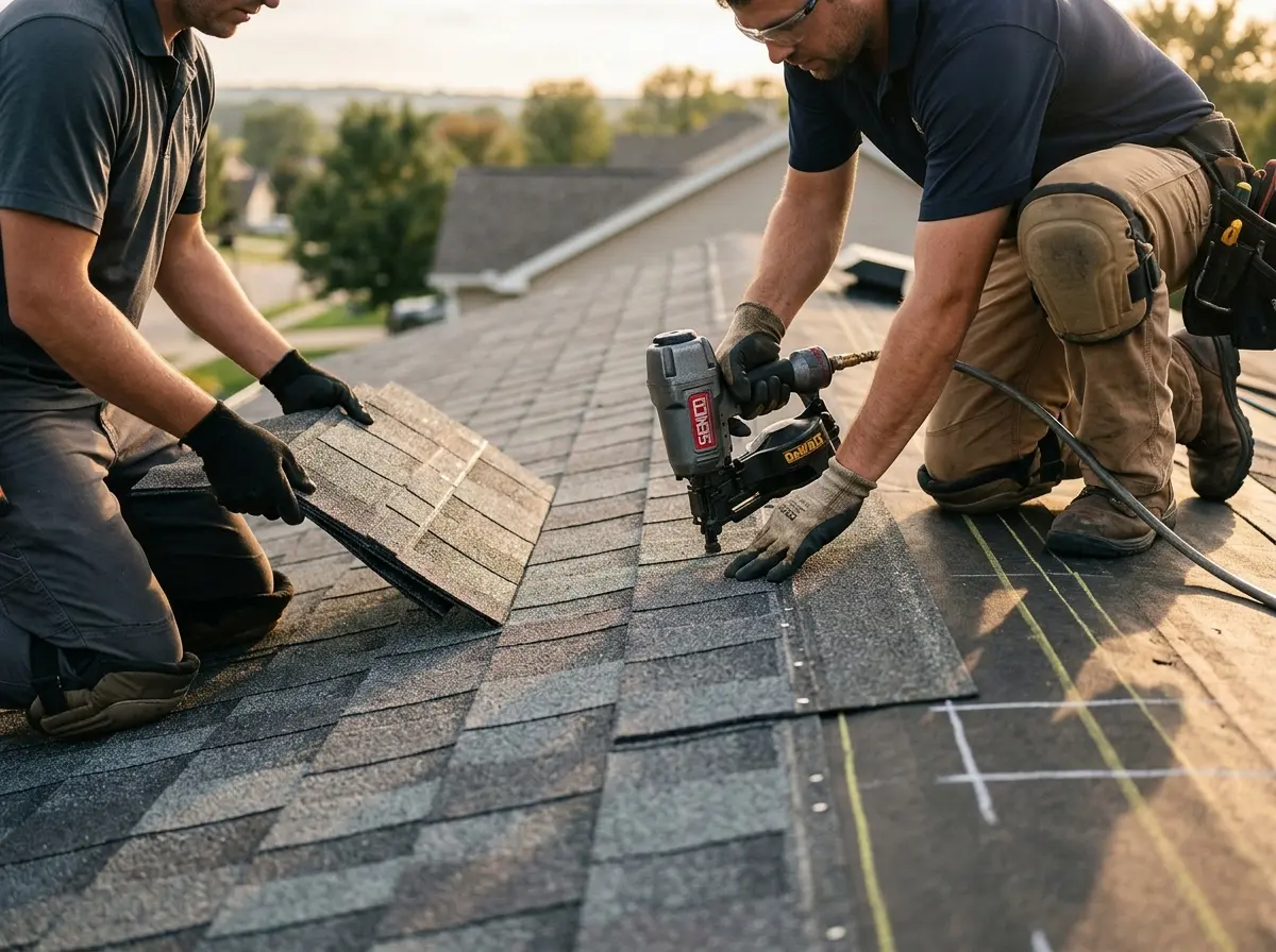 Professional roofer working on a residential roof in Uwchlan